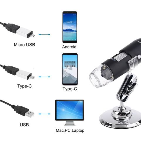 3 In 1 Digital USB Microscope 1600X Portable 2 Adapters Support OSX Windows PC Type-C Micro USB Phone Magnifier With 8 LED ► Photo 1/6