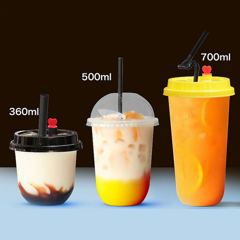 50pcs 95 caliber U shape creative cute disposable juice cup transparent milk tea plastic cups cold drink packaging cups with lid ► Photo 1/5