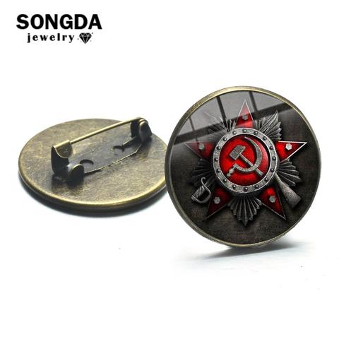 SONGDA CCCP USSR Soviet Army Red Star Brooches Bronze Plated Glass Art Round Metal Pins Button Russian Badges Decorative Jewelry ► Photo 1/6