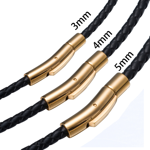 3/4/5mm Mens Womens Black Braided Genuine Leather Cord Stainless Steel Silver Gold Secure Clasp Necklace Chain Wholesale Jewelry ► Photo 1/6