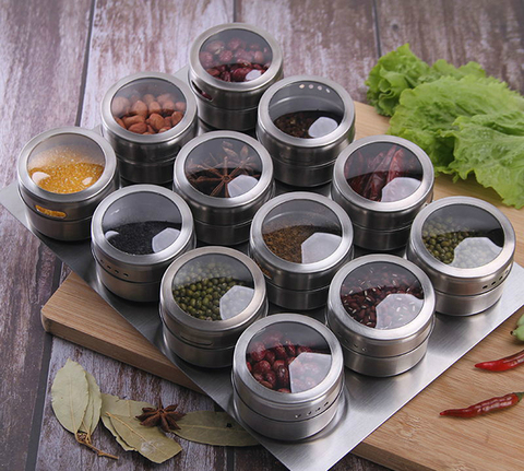 Magnetic Spice Jar Set With Stickers Stainless Steel Spice Tins Spice Storage Container Pepper Seasoning Sprays Tools ► Photo 1/6