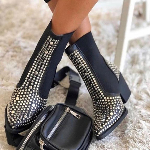 NOWORRY Brand Design 2022 High Quality Square Heels Classic Fashion Rivets Elastic Ankle Boots Shoes Women Chelsea Boots ► Photo 1/6