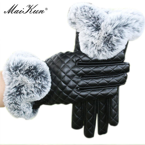 Maikun Leather Gloves PU Autumn/Winter New Style Ladies Oversized Rex Rabbit Fur Gloves British Diamond Lattice Thickening ► Photo 1/5
