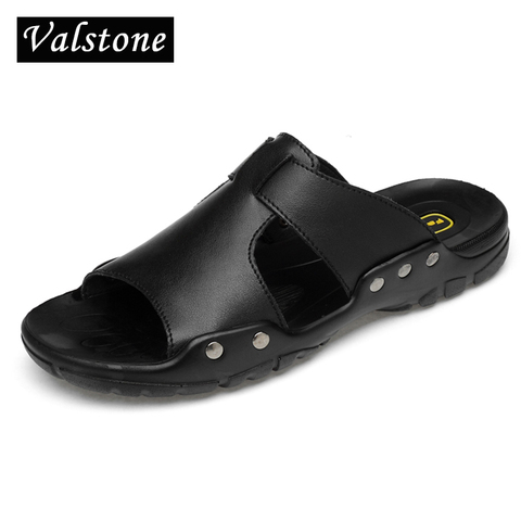 Valstone Leather Slippers Men 2022 summer Quality sandals Split leather Beach shoes hombre sandalias black Extra plus size 38~52 ► Photo 1/6