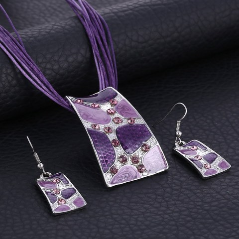 Fashion Gem Square Enamel Jewelry Set Silver Color Painting Pendant Necklace Earrings Bridal Jewelry Sets for Women Wedding ► Photo 1/5