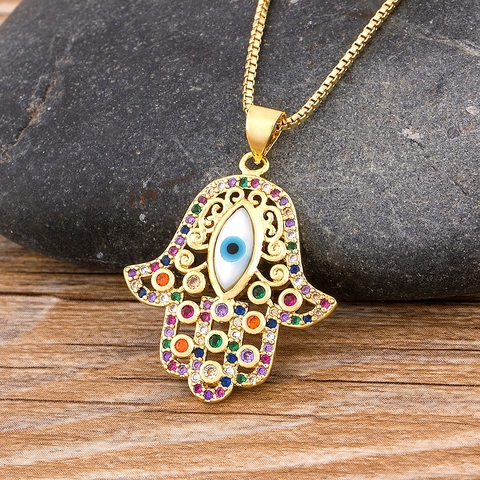 2022 New Arrival Hamsa Hand of Fatima Pendant &Chain Gold Color Copper Zirconia Palm Necklace Turkish Evil Eye Jewelry For Women ► Photo 1/6