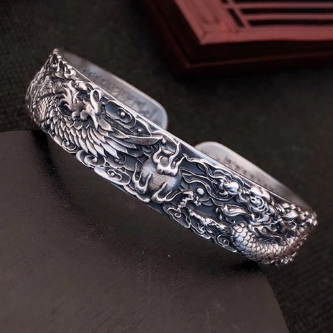 Real 999 Pure Silver Dragon and Phoenix Bangles for Men Heart Sutra Engraved Vintage Opening Adjustable Bracelet ► Photo 1/6