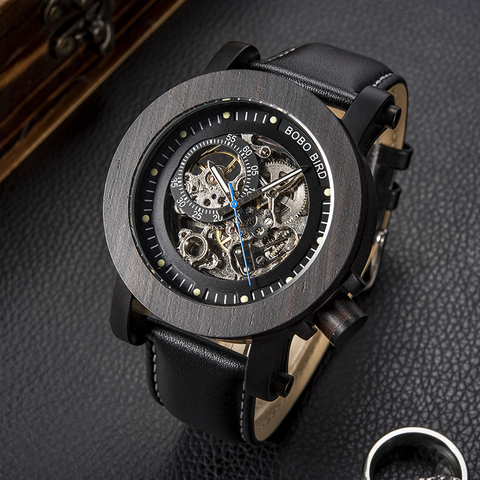 Automatic Watch BOBO BIRD Gear Men Watch Wood Case Mechanical Watch Genuine Leather Strap Birthday Gift to him relogios homem ► Photo 1/6