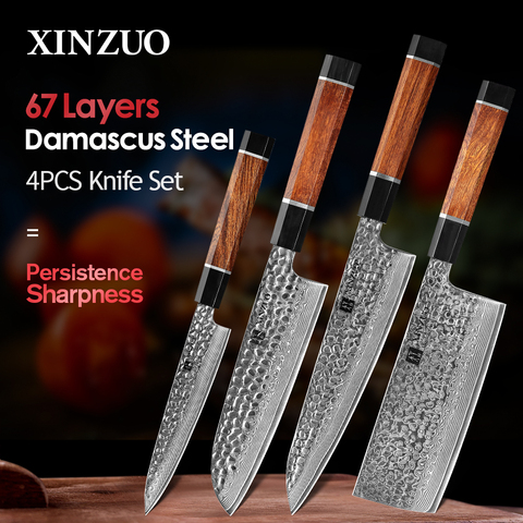 XINZUO 4PCS Knives Set Japanese Damascus Stainless Steel Knife Chef Nakiri Knife with North America Desert Ironwood Handle ► Photo 1/6