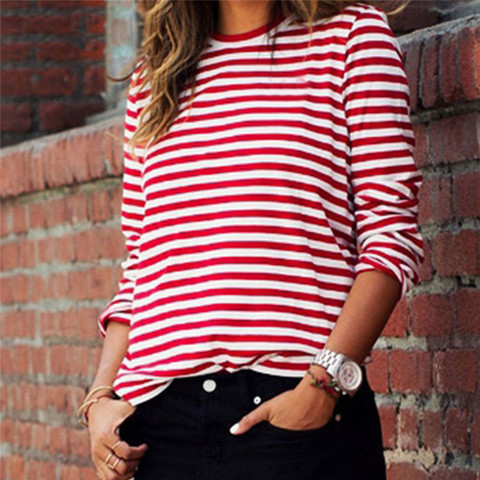 Black Red Striped Hip Hop Loose Casual T-Shirt For Women Long Sleeve O-Neck Personality Female Sports Running T-Shirt Ladies Tee ► Photo 1/6