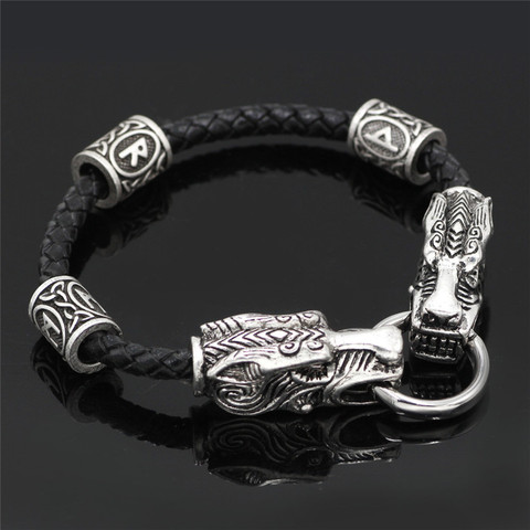 Vintage Tiger Head Viking Rune Bead Leather Bracelets Scandinavian Norse Accessories Chain Bracelet Men Wristband Women Bangles ► Photo 1/6