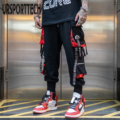 Hip Hop Joggers Men Letter Ribbons Cargo Pants Pockets Track Tactical Casual Techwear Male Trousers Sweatpants Sport Streetwear ► Photo 1/6