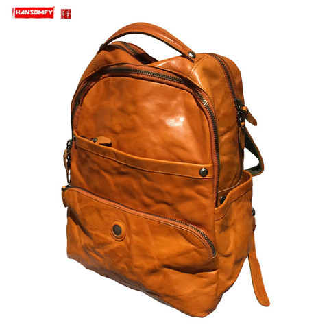 Vegetable Tanned Leather Men's Backpack Men Retro Genuine Leather Large Capacity Laptop Bag Male Travel Backpacks Water Dyeing ► Photo 1/6