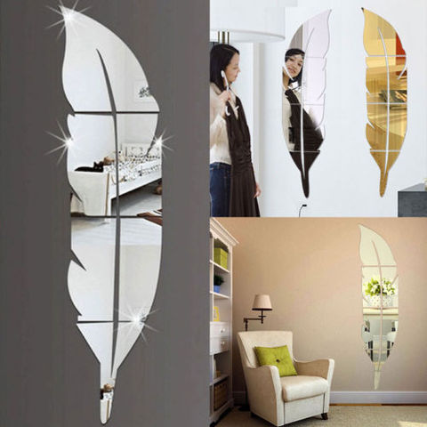 Mirror Efffect Feather Wall Sticker 18x73cm Decorative Mirror Wall Mural Living Room Home Decor Acrylic Ladies Dressing Mirror ► Photo 1/6