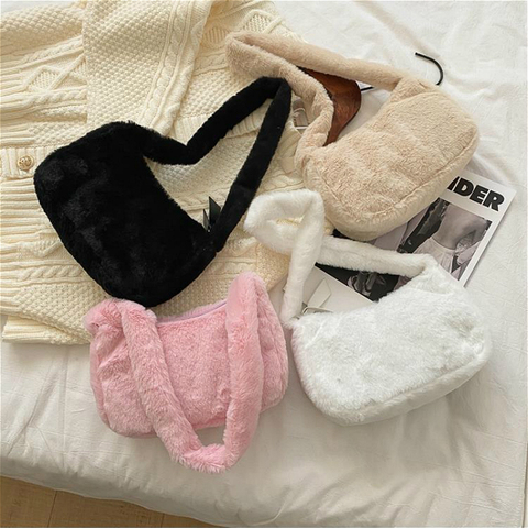 Simple Design Women Soft Plush Hobos Shoulder Bags Winter Furry Ladies Clutch Purse Handbag Fashion Female Baguette Underarm Bag ► Photo 1/6