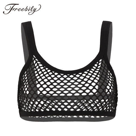 Women Fishnet Cropped Tank Top Lingerie See Through Fishnet Hollow Out Wide Shoulder Straps Deep U-neckline Vest Crop Bra Top ► Photo 1/1