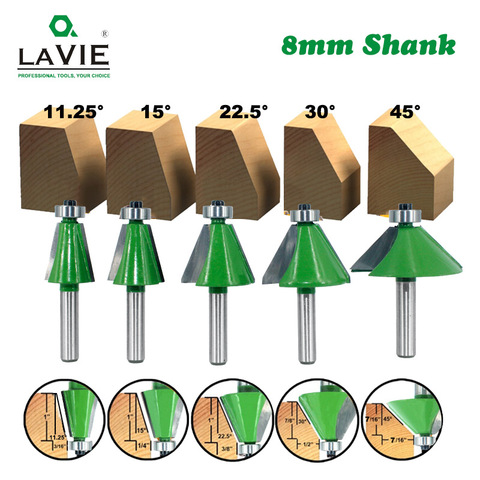 LAVIE 5pcs Set 8mm Shank Chamfer Router Bit 11.25 15  22.5 30 45 Degree Milling Cutter for Wood Woodorking Machine Tools MC02111 ► Photo 1/6