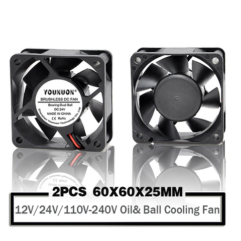 2 Pieces 6025 Cooling Fan DC 12V 24V 60mm 60X60X25mm Brushless Sleeve& Ball Server Inverter Pc Cpu Case Cooling Fan AC 110V-240V ► Photo 1/5