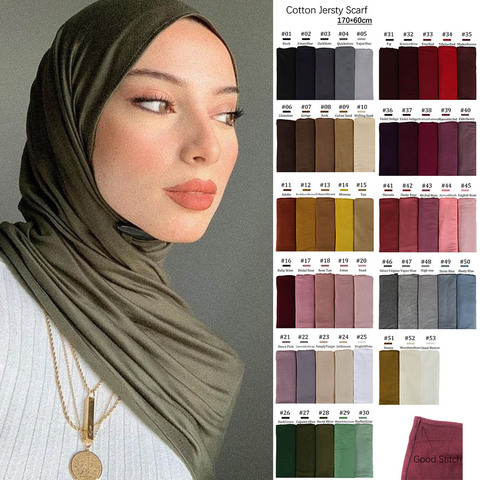 170X60cm Plain Cotton Jersey Hijab Scarf Shawl Solid Color With Good Stitch Stretchy Soft Turban Head Wraps For Women Scarves ► Photo 1/6