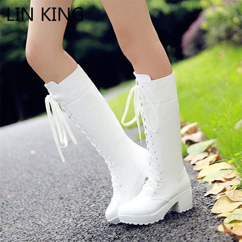 LIN KING Big Size 48 Retro Warm Plush Women Lace Up Long Boots Solid Winter Knee Hign Boots Slim Square Heel Lady Platform Boots ► Photo 1/6