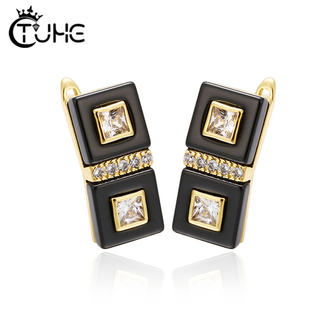 TUHE New Double Squar Ceramic Stud Earrings AAA Cubic Zirconia Ear For Women Fashion Jewelry Black White Trendy Ceramic Earring ► Photo 1/6