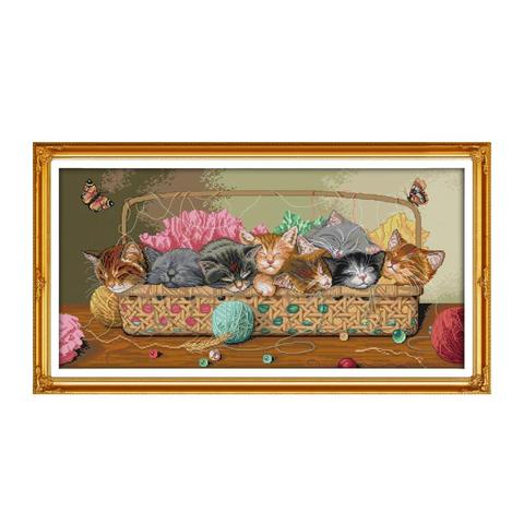 Newborn kittens in the basket cross stitch kit  11ct print canvas hand sew cross-stitching embroidery DIY handmade needlework ► Photo 1/1