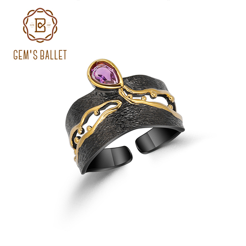 GEM'S BALLET 925 Silver Handmade Golden Bead Honey Raindrop Triangle Natural Amethyst Woman’s Statement Adjustable Band Ring ► Photo 1/6