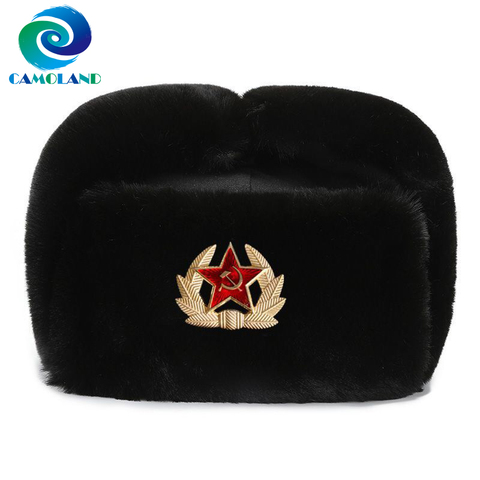 CAMOLAND High Quality Warm Faux Fur Bomber Hats Women Men Soviet Badge Russia Ushanka Pilot Hat Windproof Earflap Cap Skiing Cap ► Photo 1/1