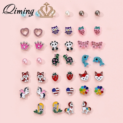20pairs Lovely Baby Kids Children Earrings Unicorn Mermaid Pearl Crystal Crown Statement Jewelry Stud Earrings Set Birthday Gift ► Photo 1/6