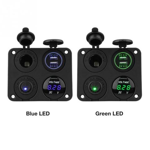 ON/OFF Toggle Switch Panel Dual USB Charger Cigarette Lighter Socket Voltmeter for Car Boat Marine RV Truck Blue/Green LED ► Photo 1/6