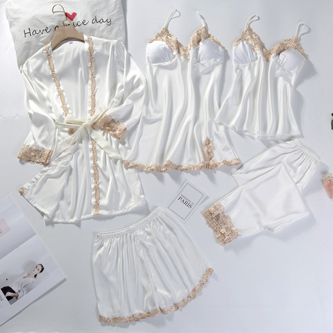 Lace Patchwork 5PCS Sleepwear Nightgown Kimono Bathrobe Gown Satin Lady Nighty&Robe Suit Sexy Home Clothes White Wedding Robe ► Photo 1/6