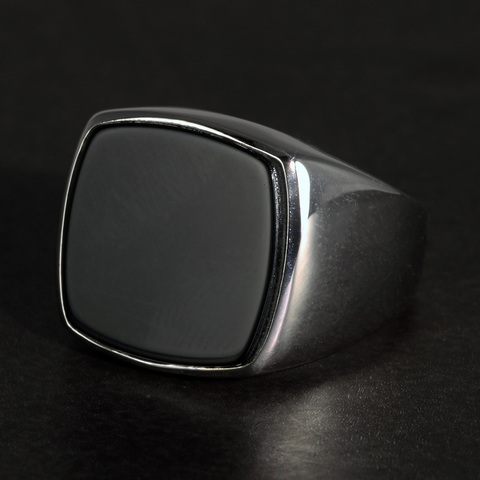 Silver 925 Ring Mens with Natural Agate Black Stone Square New Glossy Minimalist Rings Male Jewelry Sterling Silver ► Photo 1/6