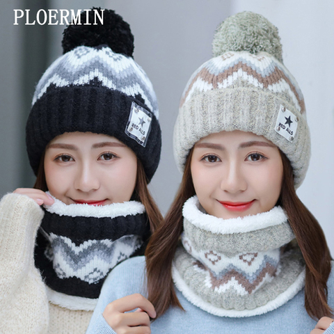 PLOERMIN Women's Winter Hat Ski Brand Big Fur Pompoms Ball Knitted Hats Scarf Set Femmes Beanie Caps Warm Skullies Outdoor Cap ► Photo 1/6