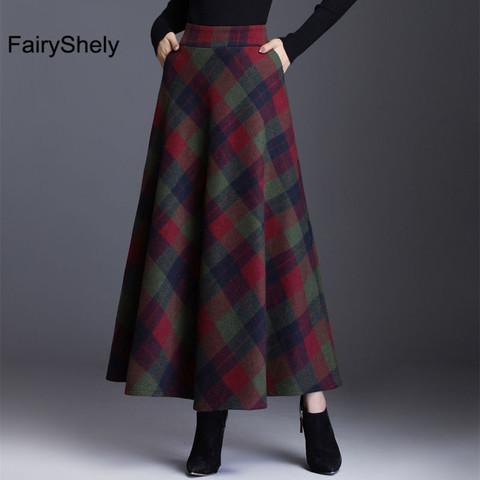 FairyShely 2022 Korean High Waist Pleated Maxi Skirt Women Vintage Pocket Woolen Plus Size Skirt female Tweed Plaid Long skirt ► Photo 1/5