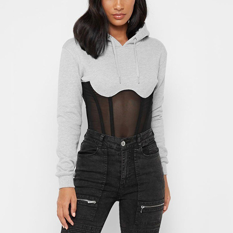 OMSJ Womens Pullover Sweatshirts Long Sleeve Autumn 2022 Black/Gray Mesh See-through Lace Striped Patchwork Hoodies Casual Hoody ► Photo 1/6