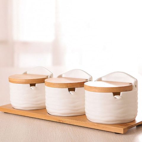 1PC sugar bowl with lid spoon wooden seasoning jar kitchen tool salt storage box ► Photo 1/6