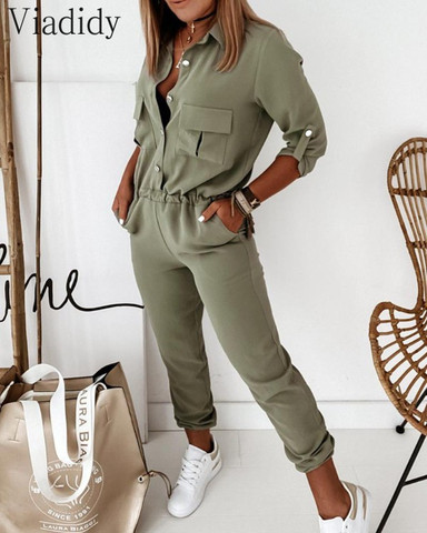 Women Solid Long Sleeve Elastic Waist Jumpsuit ► Photo 1/3