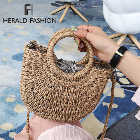 Summer Straw Beach Bag Handmade Round Women Shoulder Bags Raffia Circle Rattan Bags Bohemian Casual Woven Basket Handbags 2022 ► Photo 1/6