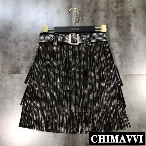 2022 New Spring Heavy Drilling Rhinestones Fringed Skirt with Belt Women's High Waist Multi Layer Short Cake Skirts ► Photo 1/5