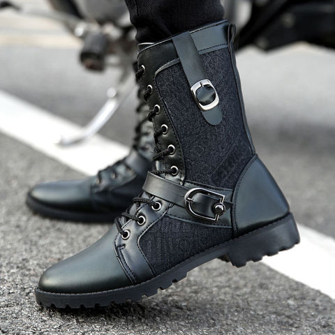 Idopy Men Boots Pu Leather Man Flat Shoes Mid Calf Autumn Winter Male Punk Motorcycle Boots Footwear ► Photo 1/6