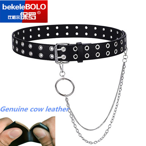 100% man 3.5CM genuine cow leather Women Punk Chain Belt Adjustable Double Eyelet Grommet Metal  Leather Waistband For Jeans ► Photo 1/6