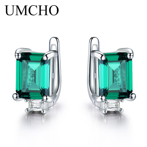 UMCHO Solid 925 Sterling Silver Clip Earrings for Women Luxury Emerald Green Gemstone Jewelry Princess Cut May Birthstone Gift ► Photo 1/6