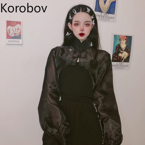 Korobov 2022 Spring Summer New Women Thin Coat Korean Perspective Mesh Batwing Sleeve Jackets Cropped Jacket 79528 ► Photo 1/5