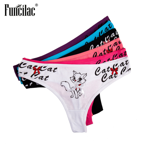 Cute Cat Print Thongs Women Sexy Lace G-String Cotton Bikini Panties Kitty Underpants Briefs Set Underwear Lingerie 5 Pcs/lot ► Photo 1/6