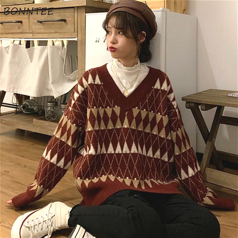 Sweaters Women Vintage Argyle Korean All-match Chic V-Neck Ladies Pullovers Student Lazy Style Popular Winter Womens Sweater New ► Photo 1/6