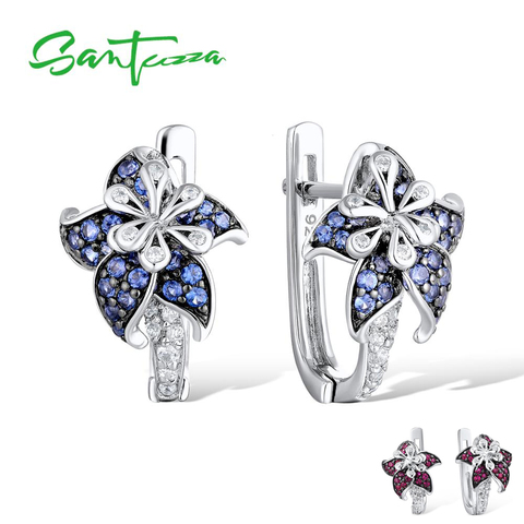 SANTUZZA Silver Earrings For Woman Pure 925 Sterling Silver Blue Pink Star Flower Cubic Zirconia Trendy Fashion Jewelry ► Photo 1/6