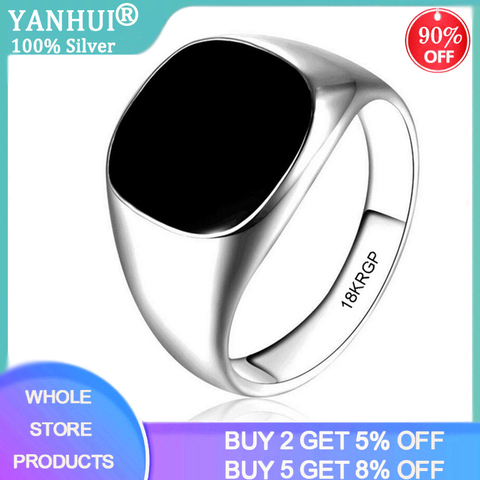 YANHUI Luxury Big Black Onyx Gemstone Rings For Men 18K White Gold Color Punk Cool Jewelry Ring Men Accessory Gift R0378 ► Photo 1/6