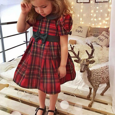 Toddler Kid Girl Christmas Clothes Princess Dress Peter Pan Collar Bow Plaid Dress Party Xmas Dresses ► Photo 1/6