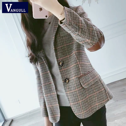 Vangull British Style Slim women Plaid Blazers Patch Elbow Patchwork Women Classic Suit Coat Formal Lady Single Breasted Outwear ► Photo 1/6