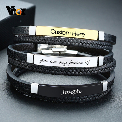 Vnox Personalize Braided Genuine Leather Bracelets for Men Customize Name Words Stainless Steel Casual Male Bangle ► Photo 1/6